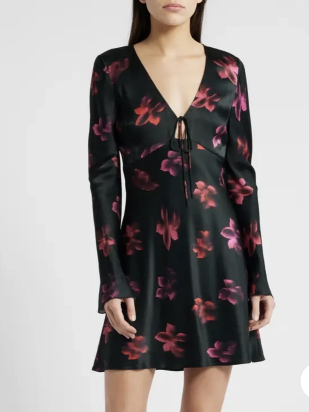 Rails Floral Tie-Front Long-Sleeve Mini Dress in Black and Pink
